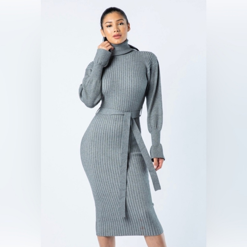 HERA COLLECTION GREY RIBBED TURTLENECK SWEATER DRESS SIZE LARGE  NWT
